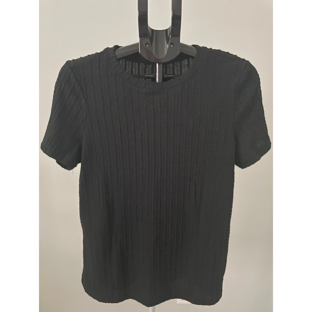 Lillusory Women Black Cable Knit Short Sleeve Sweater Crew Neck Top Large NWT